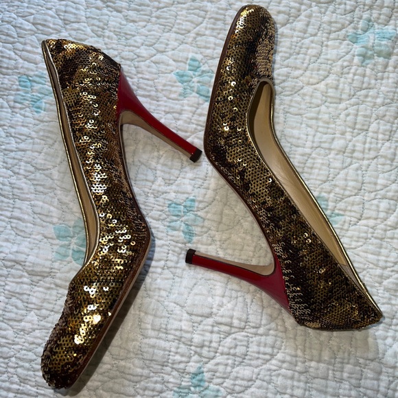 KATE SPADE KAROLINA Size 6 B Gold Sequin Red Heel Pumps Shoes - Picture 7 of 10
